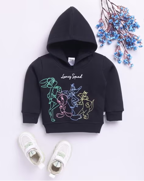 Tinyo Looney Tunes Printed Cotton Blend Hoodie For Boys (Black, Pack Of 1)