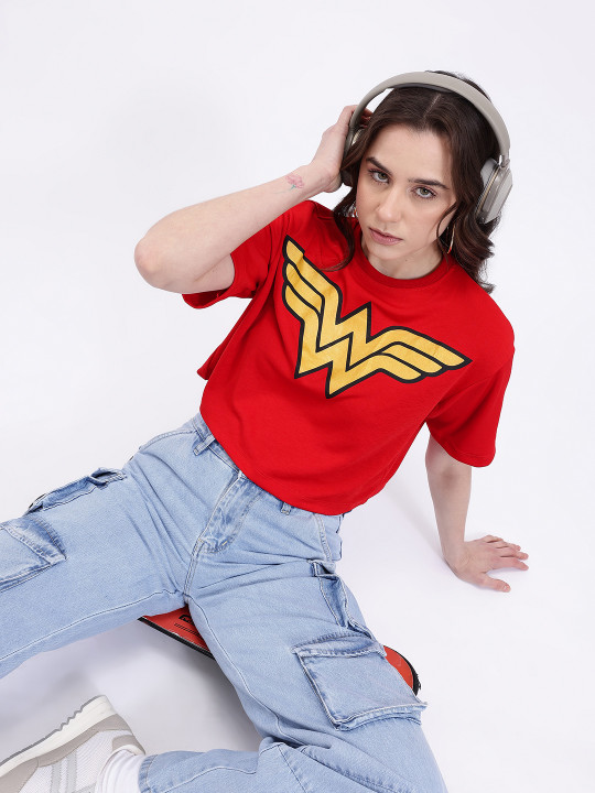 Minute Mirth Women Wonder Woman Printed Boxy Fit Top (Red, Pack of 1)