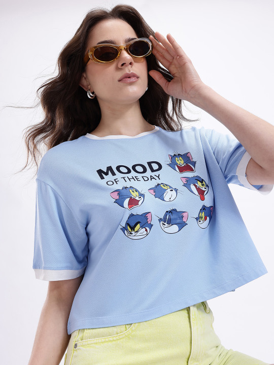 Minute Mirth Women Tom & Jerry Polyester Printed Boxy T-shirt (Blue, Pack Of 1)