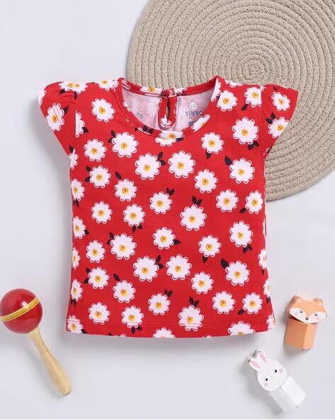 Tinyo Floral Printed Pure Cotton T-Shirt For Girls (Red, Pack Of 1)