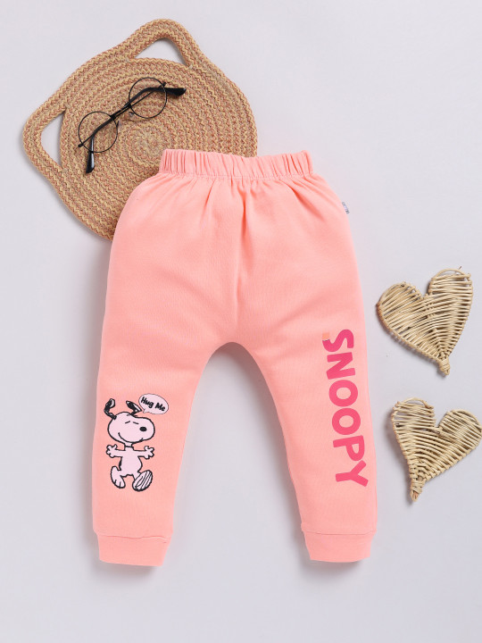 Tinyo Snoopy Printed Pure Cotton Joggers For Infant Girls (Peach, Pack Of 1)