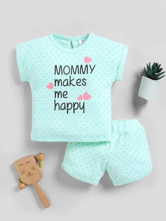 Tinyo Printed Pure Cotton T-shirt With Shorts For Infant Girls (Mint Green, Pack Of 1)