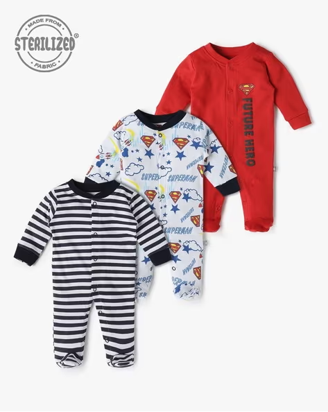 Tinyo Girls Pack of 3 Printed Cotton Sleepsuits (Assorted, Pack Of 3)