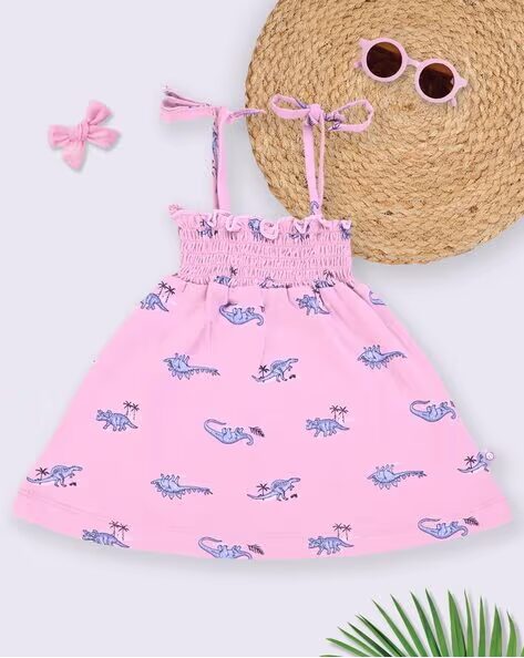 Tinyo Printed Smocked Strappy Fit & Flare Dress For Infant Girls (Pink, Pack Of 1)