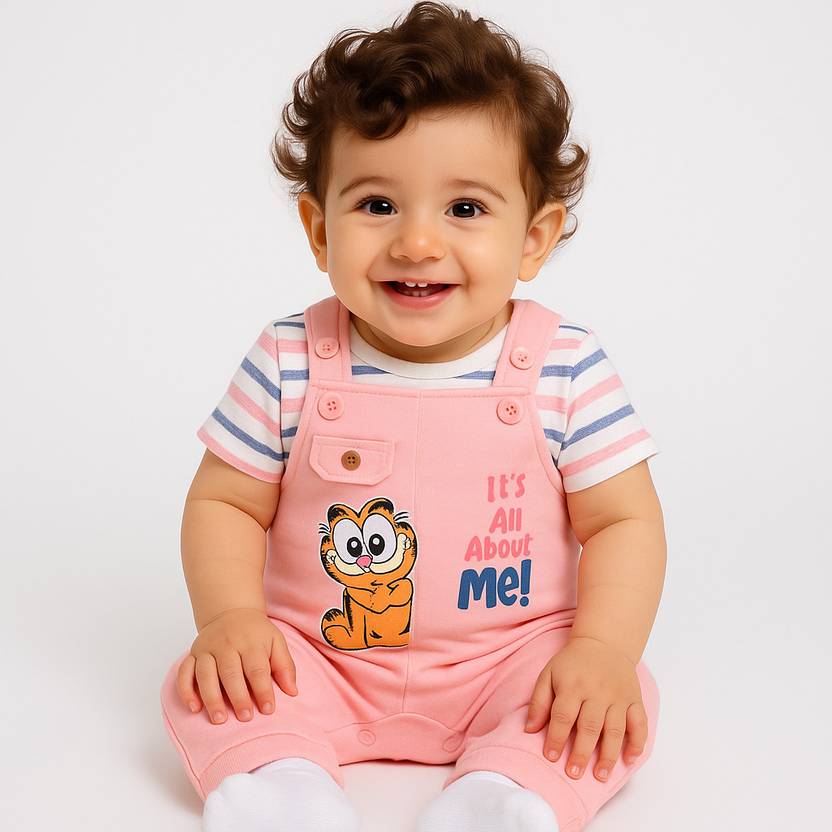 Moms Love Graphic Print Cotton Dungaree Romper for Infant Girls (Peach, Pack of 1)