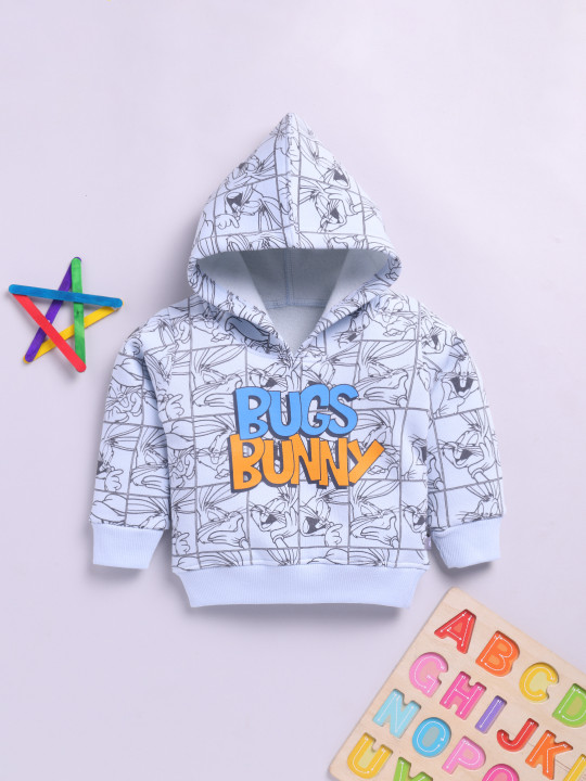 Tinyo Infant Boys Bugs Bunny Graphic Printed Fleece Hooded Sweatshirt (Powder Blue, Pack Of 1)
