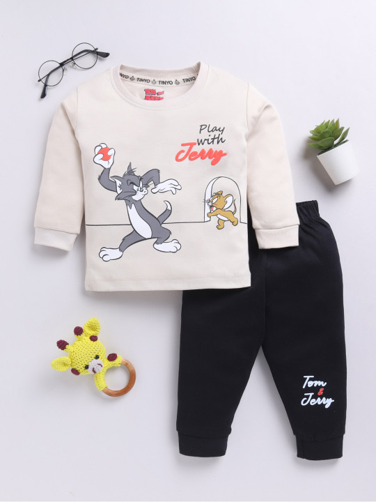 Tinyo Tom & Jerry Printed Pure Cotton T-shirt With Joggers For Infant Boys (Beige, Pack Of 1)