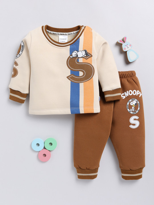 Tinyo Snoopy Printed Sweatshirt With Joggers Clothing Set For Infant Boys (Beige & Brown, Pack Of 1)