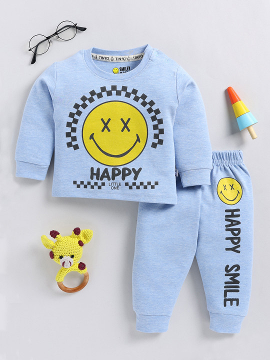 Tinyo Smiley World Printed Pure Cotton T-shirt With Joggers Clothing Set For Infant Boys (Blue, Pack Of 1)