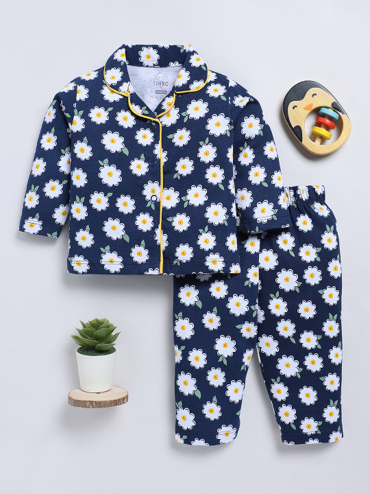 Tinyo Girls Floral Printed Pure Cotton Night Suit (Blue, Pack of 1)