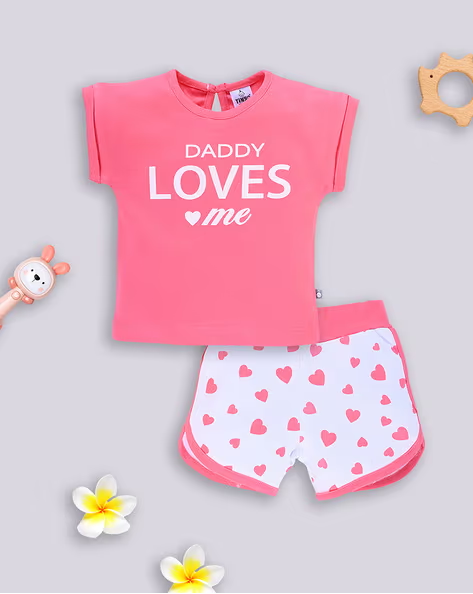 Tinyo Typographic Printed Pure Cotton T-shirt with Shorts Set For Infant Girls (Coral, Pack Of 1)