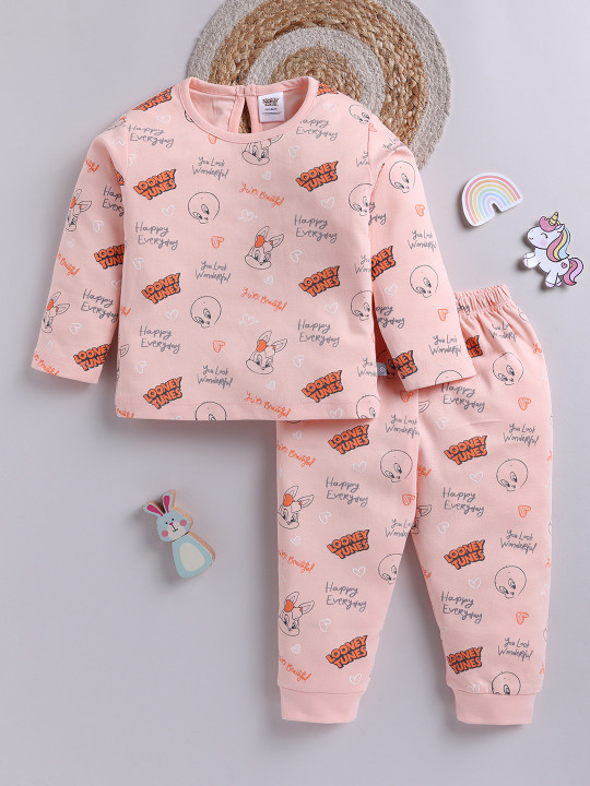 Tinyo Looney Tunes Printed Pure Cotton Top With Joggers Clothing Set For Infant Girls (Peach & Grey, Pack Of 1)