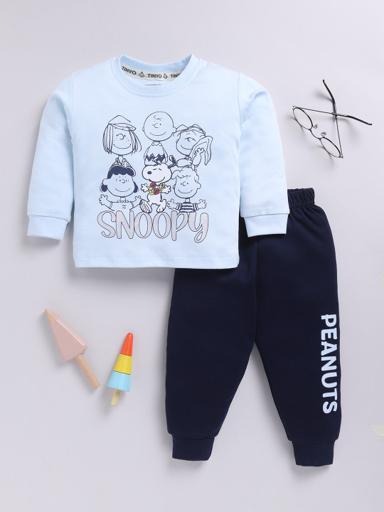 Tinyo Peanuts Printed Cotton Blend T-shirt With Joggers For Infant Boys (Blue,Pack Of 1)