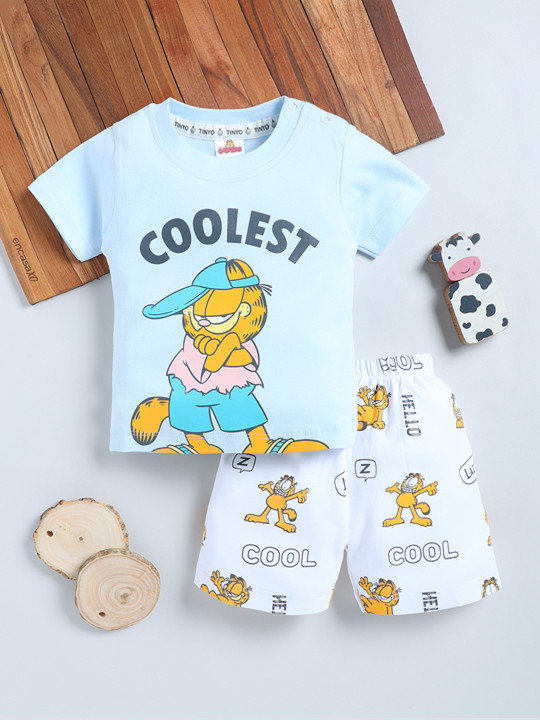 Tinyo Garfield Printed Pure Cotton T-shirt With Shorts For Infant Boys (Blue, Pack Of 1)
