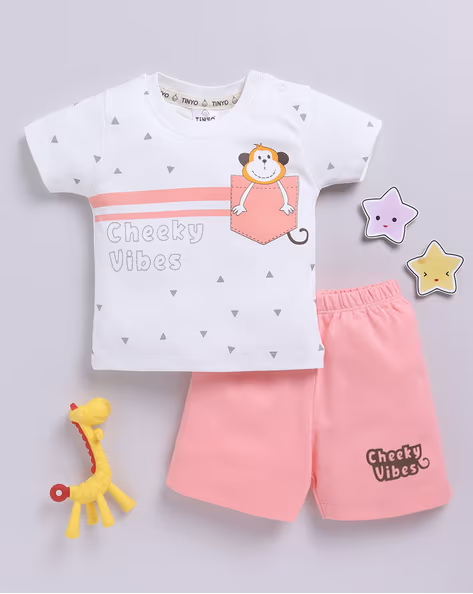 Tinyo Graphic Print 100% Cotton T-shirt & Shorts Set for Infant Boys (Off White, Pack Of 1)