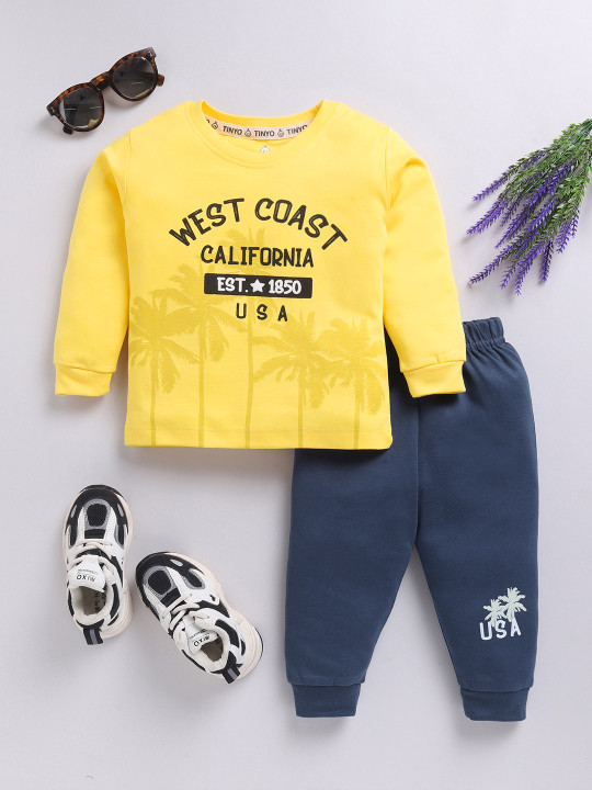 Tinyo Printed Pure Cotton T-shirt With Joggers For Infant Boys (Yellow, Pack Of 1)