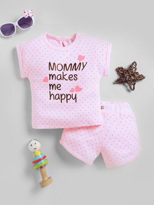 Tinyo Printed Pure Cotton T-shirt With Shorts For Infant Girls (Pink, Pack Of 1)