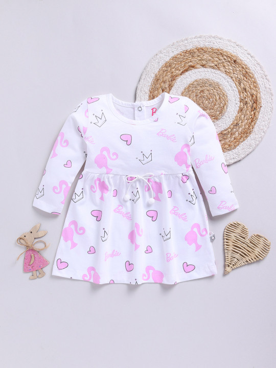 Tinyo Infant Girls Barbie Printed Bow Detail Cotton Flared Dress (White & Pink, Pack Of 1)