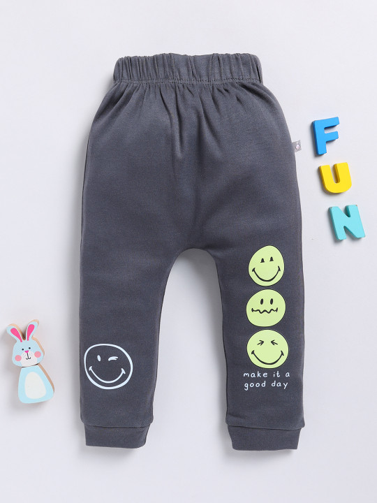 Tinyo Smiley Printed Pure Cotton Joggers For Infant Girls (Grey, Pack Of 1)