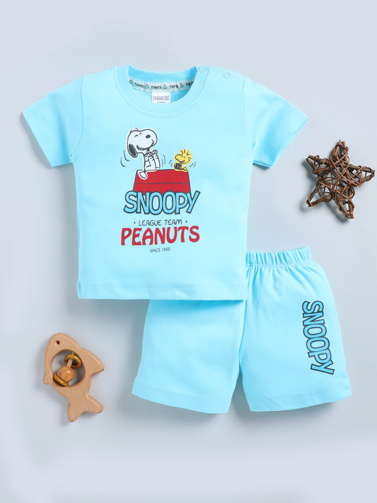 Tinyo Snoopy Printed Pure Cotton T-shirt With Shorts For Infant Boys (Turquoise Blue, Pack Of 1)