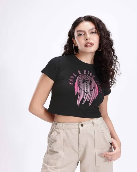 Women Smiley World Graphic Print Boxy Fit Cotton Top