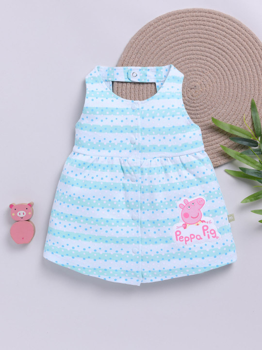 Moms Love Peppa Pig Print Cotton Dress for Infant Girls (Blue & White, Pack of 1)