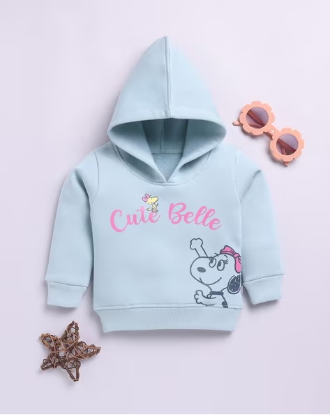 Tinyo Peanuts Printed Cotton Blend Hoodie For Girls (English Green, Pack Of 1)