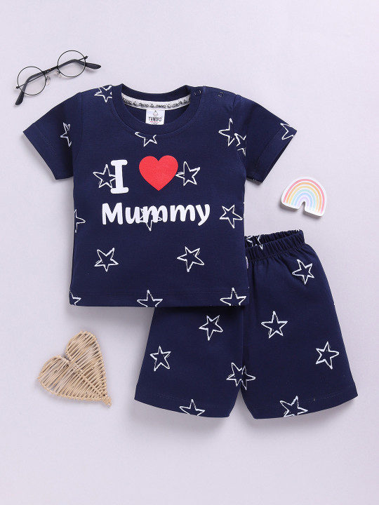 Tinyo Pure Cotton Printed T-Shirt & Shorts Set For Infant Boys (Navy Blue, Pack Of 1)