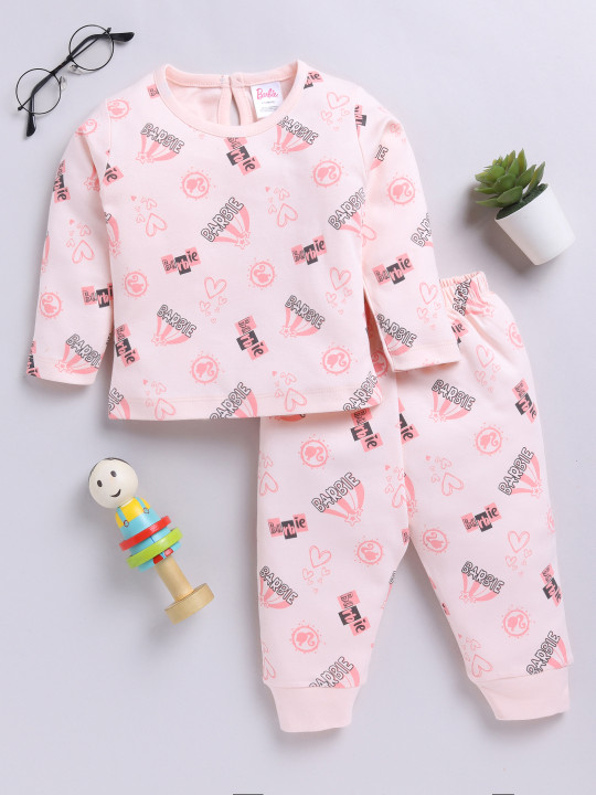 Tinyo Printed Pure Cotton Top With Trousers Clothing Set For Infant Girls (Peach & Black, Pack Of 1)