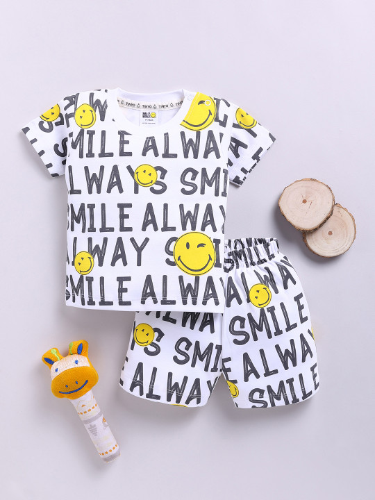 Tinyo Smiley World Printed Pure Cotton T-shirt With Shorts For Boys (White, Pack Of 1)