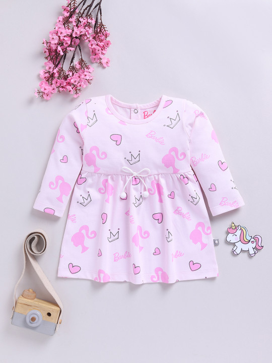Tinyo Infant Girls Barbie Printed Bow Detail Cotton Flared Dress (Pink, Pack Of 1)