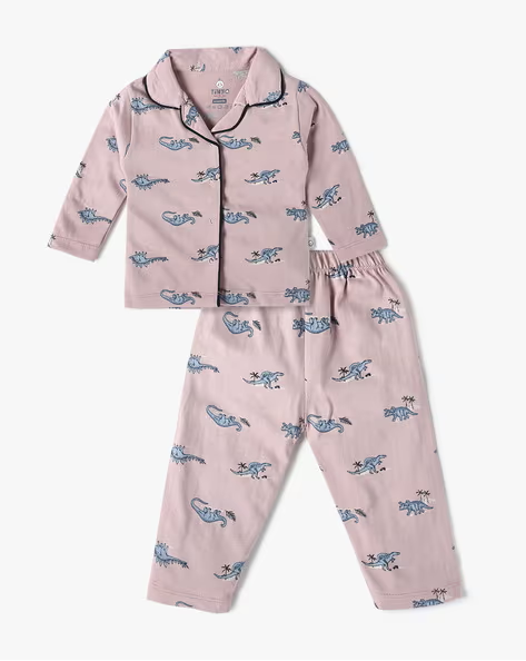 Tinyo Dino Printed Pure Cotton Shirt With Pyjamas For Infant Girls (Lavender, Pack Of 1)