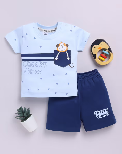 Tinyo Graphic Print 100% Cotton T-shirt & Shorts Set for Infant Boys (P. Blue, Pack Of 1)