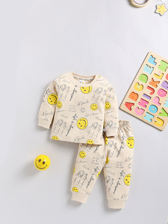 Tinyo Smiley World Printed Pure Cotton T-shirt With Trousers Clothing Set For Infant Girls (Beige & Yellow, Pack Of 1)