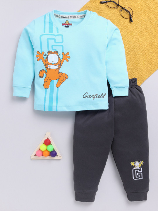 Tinyo Garfield Printed Pure Cotton T-shirt With Joggers For Infant Boys (Blue, Pack Of 1)