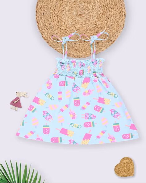 Tinyo Printed Smocked Strappy Fit & Flare Dress For Infant Girls (Green, Pack Of 1)