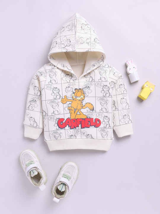Tinyo Infant Girls Garfield Graphic Printed Fleece Hooded Sweatshirt (Cream, Pack Of 1)