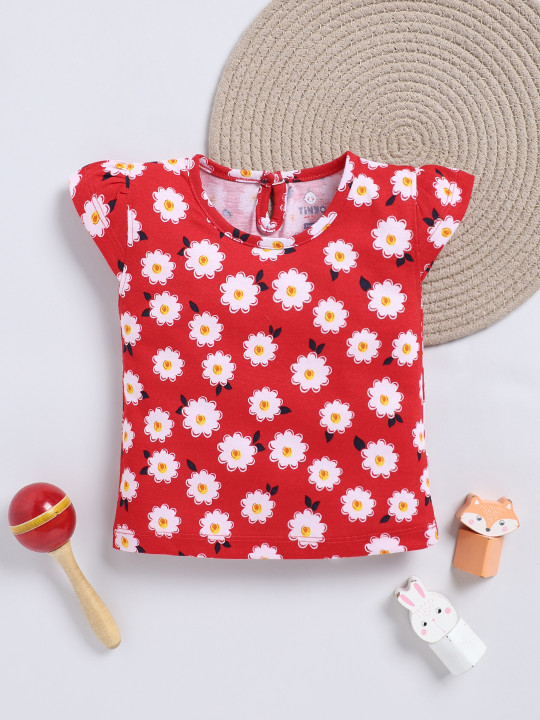 Tinyo Floral Printed Cotton Top For Girls (Red, Pack Of 1)