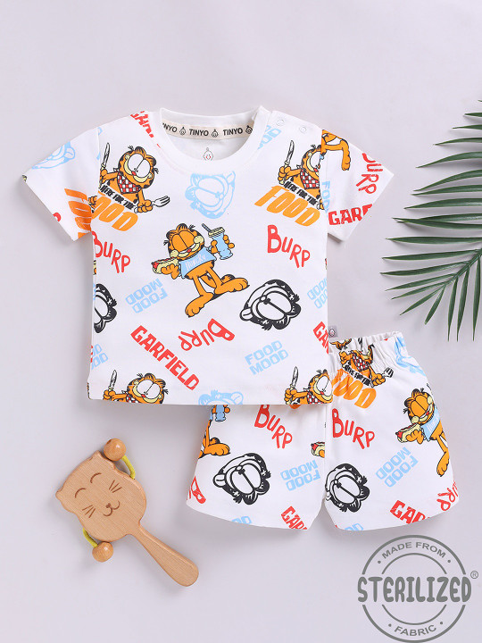 Tinyo Infant Boys Garfield Printed Pure Cotton T-shirt with Shorts (Cream & Blue, Pack of 1)