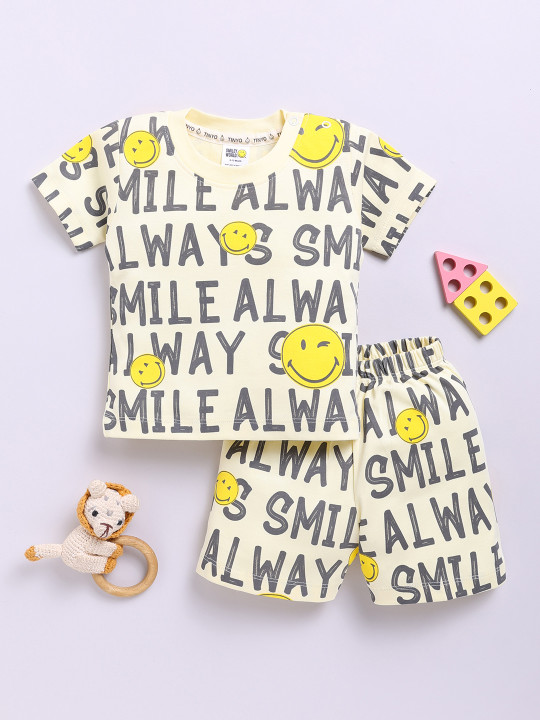Tinyo Smiley World Printed Pure Cotton T-shirt With Shorts For Boys (Lemon, Pack Of 1)