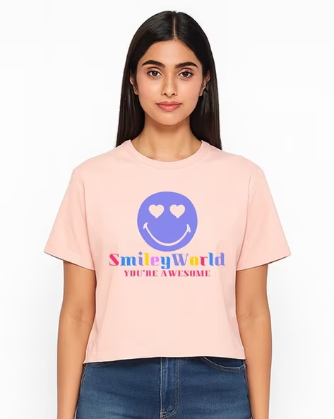 Women Smiley World Printed Boxy Fit Crop Top