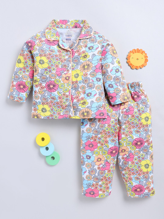 Tinyo Girls Printed Shirt and Pyjamas Pure Cotton Night Suit (Multicolour, Pack of 1)
