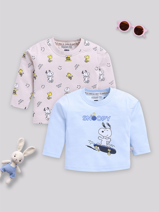 Tinyo Peanuts Printed Cotton T-shirt Set For Infant Boys (Assorted, Pack Of 2)