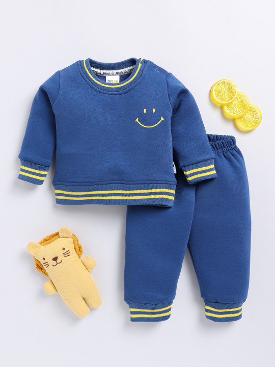 Tinyo Smiley World Printed Sweatshirt With Joggers For Infant Boys (Blue, Pack Of 1)