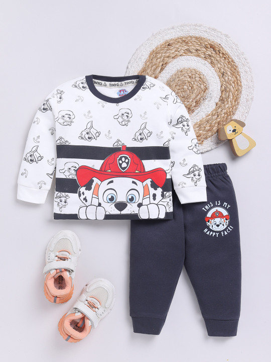 Tinyo Paw Patrol Printed Cotton T-shirt with Joggers for Infant Boys (White & Black, Pack of 1)