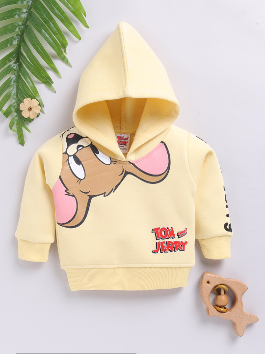 Tinyo Infant Girls Tom and Jerry Graphic Printed Fleece Hooded Sweatshirt (Yellow, Pack Of 1)