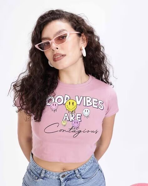 Women Smiley World Graphic Print Boxy Fit Cotton Top