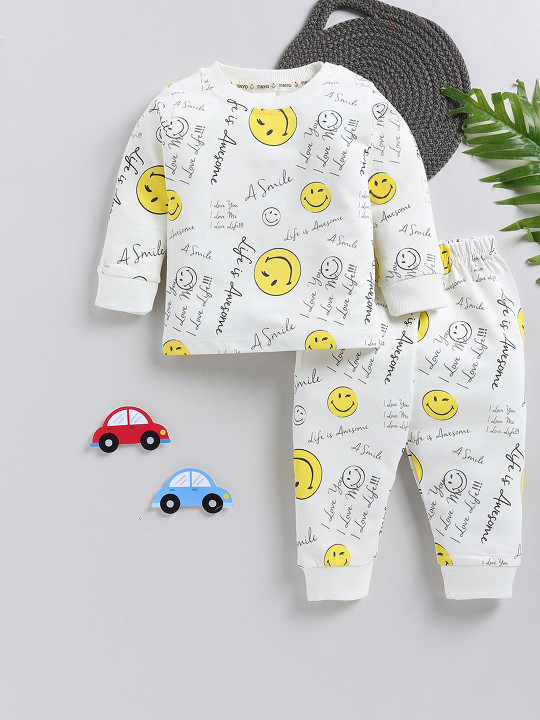 Tinyo Smiley World Printed Pure Cotton T-shirt With Joggers Clothing Set For Infant Girls (Off White, Pack Of 1)