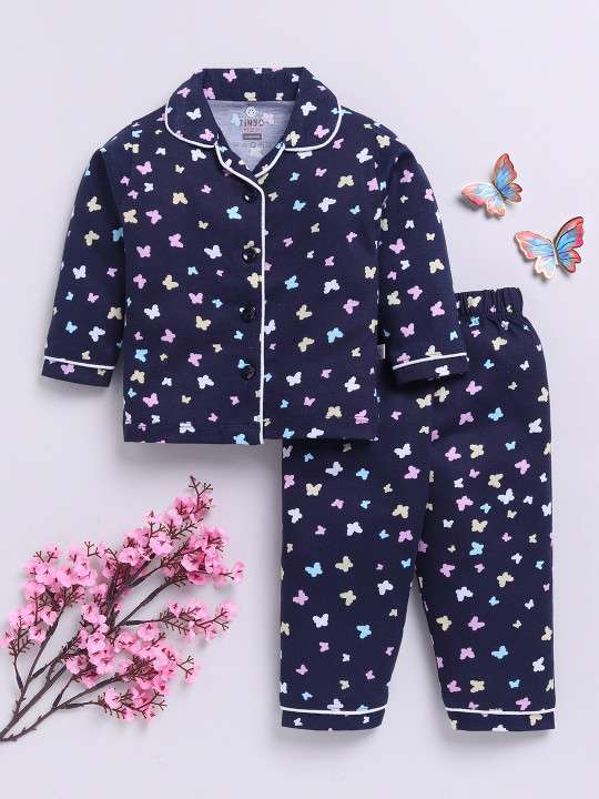 Tinyo Infant Girls Graphic Printed Cotton Night Suit (Navy, Pack of 1)
