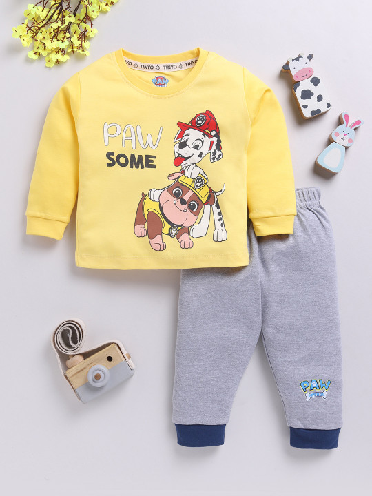 Tinyo Paw Patrol Printed Pure Cotton T-shirt With Joggers For Infant Boys (Yellow,Pack of 1)